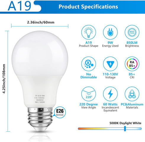 A19 LED Light Bulbs, 60 Watt Equivalent LED Bulb, Daylight White 5000K, 850 Lumen, E26 Base, Non-Dimmable, 9W Bright White LED Bulb, 4-Pack by Maylaywood