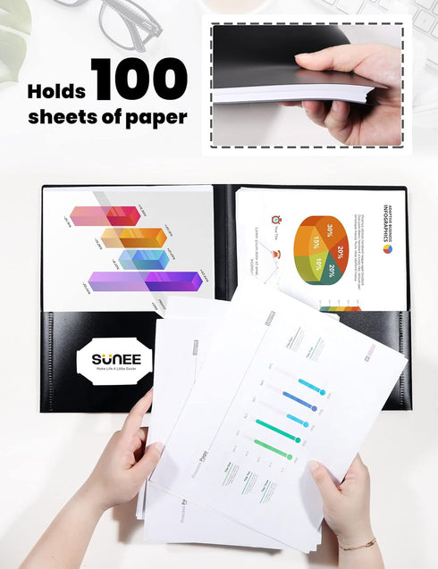 SUNEE 2 Pocket Folders (6 Pack, Black) - Heavy Duty Plastic Two-Pocket Poly Folders for Letter-Size Papers, Bulk for