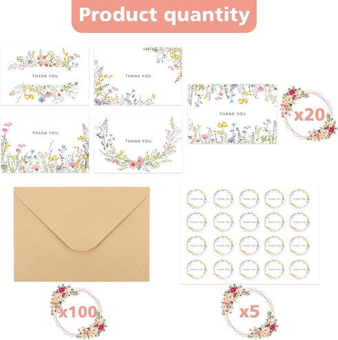 Lemicin 100 Packs -4x6 Inches Set Wildflower Thank You Cards with Envelopes Thank You Letter with Envelopes