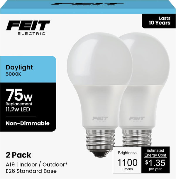 Feit Electric A19 LED Light Bulbs, 75W Equivalent, Non Dimmable, 1100 Lumens,