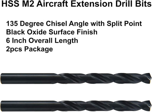 MAXTOOL 15/32"x6" 2pcs Identical Aircraft Extension Drills, HSS M2 Extra Long Deep Twist Drill Bits, Fully Ground