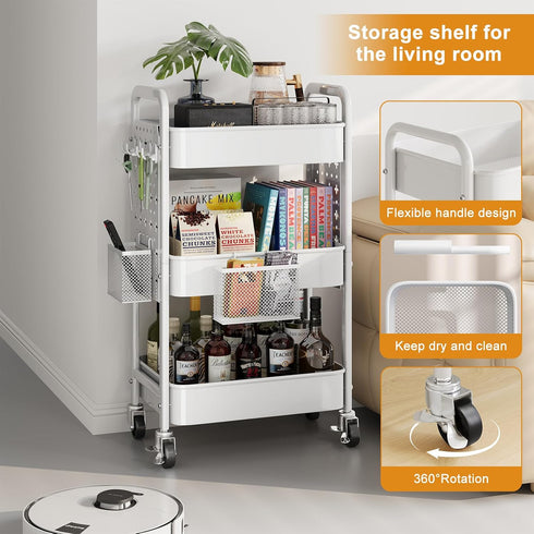 Rcemlip 3 Tier Rolling Cart Metal with DIY Pegboard, White Utility Cart with Lockable Wheels, Three Tiered Craft Cart