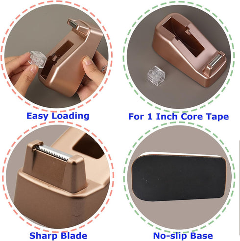 Small Desk Tape Dispenser, Heavy Duty Cute Desktop with Weighted Non-Skid Base for 1 Inch Core Tape, Luxury Gold