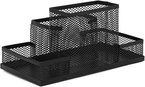 Mesh Desk Organizer for Office, 4 Compartments Pen Holder with Sticky Notes Holder, Black Mesh Storage