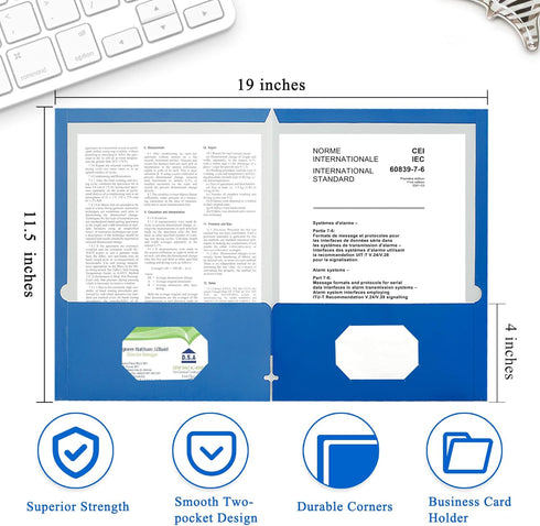 Zzrywuty File Folders with Pockets - 50-Pack Letter Size Paper Folders with Card Slot for School and Office (Blue)