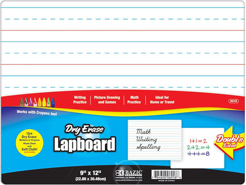 BAZIC Dry Erase Lap Board 9"x12", Double Sided Primary Ruled & Blank, Small Portable Whiteboards for Teacher Home,