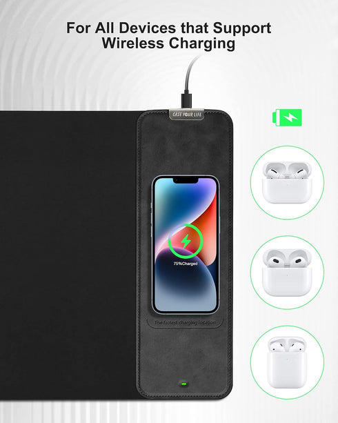 Mouse Pad with Wireless Charging, Black Long Desk Mat, Large Gaming Mouse Pad with Non-Slip Rubber Base