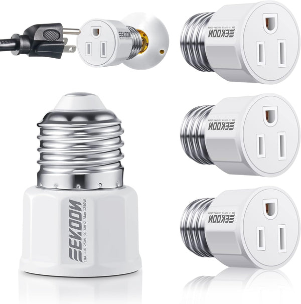 E26/E27 3 Prong Light Bulb Socket Adapter, Polarized Light Socket to Plug Converter for Patio, Garage, Porch