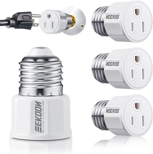 E26/ E27 3 Prong Light Bulb Socket Adapter, Light Socket to Plug Adapter for Patio, Garage, Porch