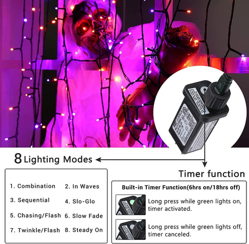 Orange and Purple Halloween Lights, 82ft 200 LED Halloween String Lights with 8 Modes, Waterproof Plug in Orange Purple String Lights for Halloween Party, Garden, Indoor Outdoor Halloween Decorations by Jnaurb