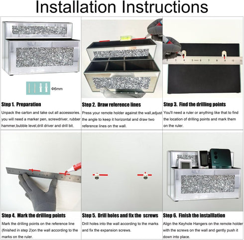 Mirrored Remote Holder, Wall or Tabletop Mounted Organizer with Crush Diamond Bling Decoration, 4 Slots in 3 Sizes,