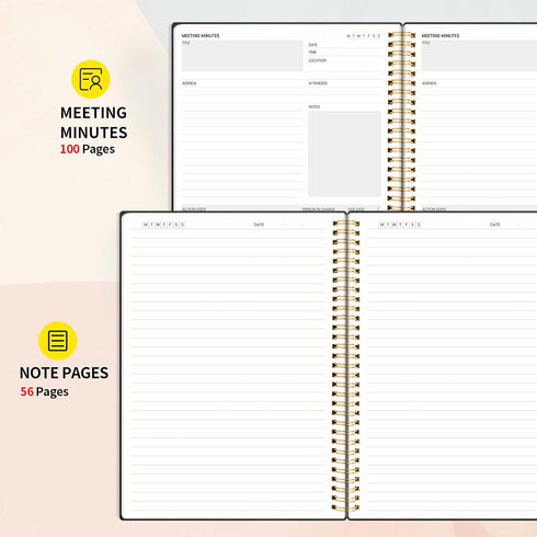 SUNEE Meeting Notebook with Sticky Tabs, 160 Pages A4 Size Project Planner for Note Taking and Office Organization