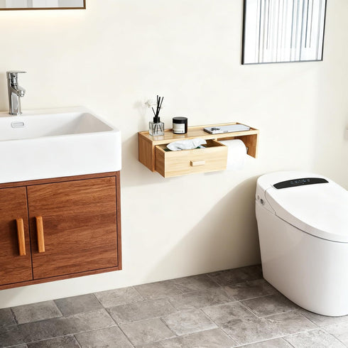 TEGUEPS Bamboo Toilet Paper Holder with Shelf,Wall Mount Bathroom Holder with Wet Wipes Storage Drawer(Natural)