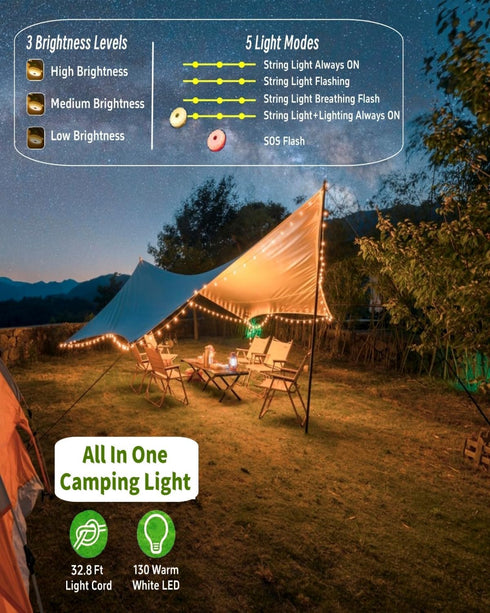 32.8 4 1 8 Solar Camping String Lights, FT Fairy String Light, in Portable Waterproof Camp LED Lamp with Lighting