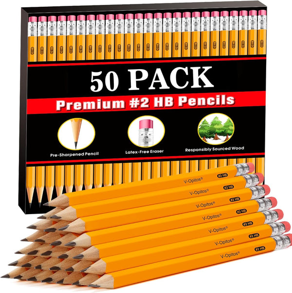 V-Opitos Wood-Cased #2 HB Pencils, 50 Pack Pre-Sharpened Yellow Pencils with Top Erasers for School Supplies