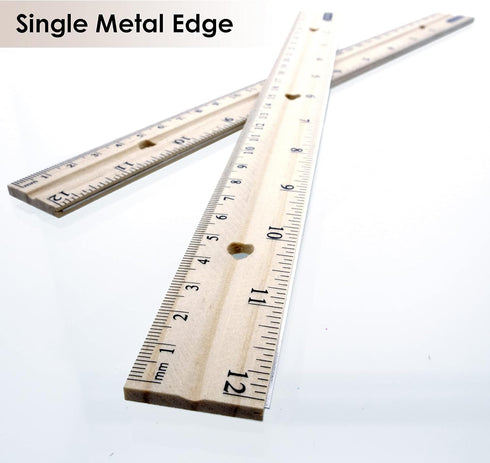 BAZIC Wooden Ruler 12" (30cm) - Single Metal Edge Measuring Drafting Rulers for Students, 2-Packs