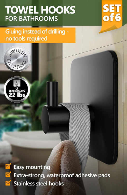 Towel hooks for bathrooms, Set of 6 - Black adhesive hooks, durable adhesive wall hooks - Strong adhesive towel hooks, stick on hooks by 4smile