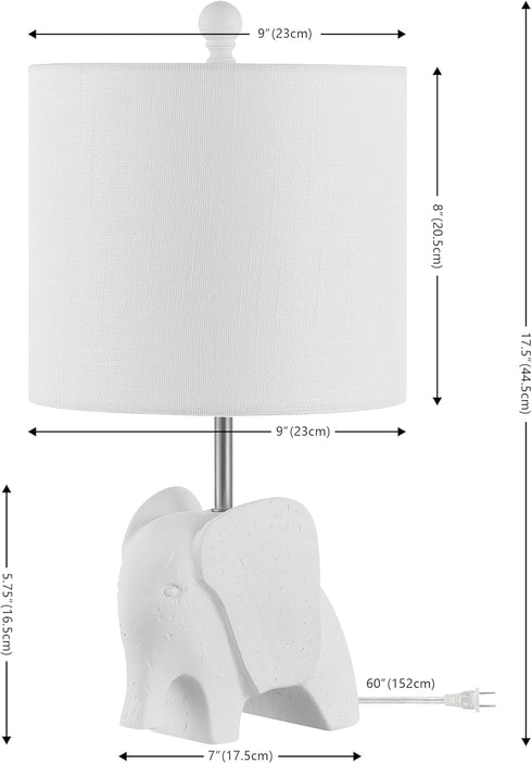 17.5" Bulb (JYL1143D) JONATHAN Y White Elephant Kids Table Lamp, Whimsical Resin Bedside Lamp with White Linen Drum