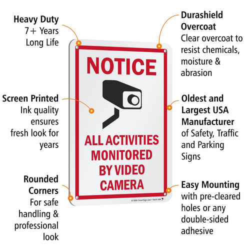 SmartSign Metal Sign 10 x 7 inch “Notice - All Activities Monitored By Video Camera”, Rustproof Aluminum, Red, Black,