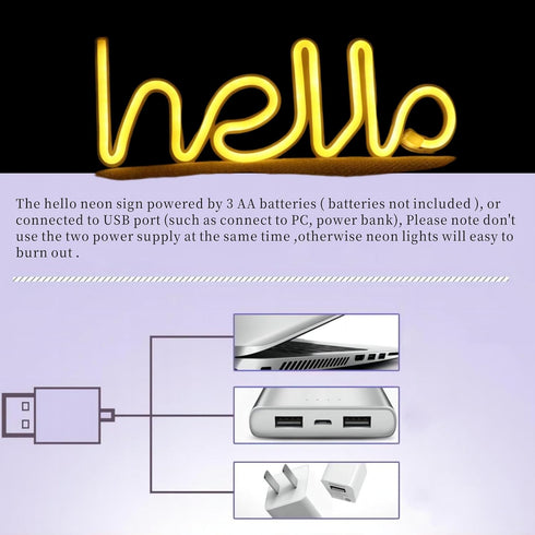Neon Light, LED Hello Neon Word Sign, Decorative Lights for Kids Room, USB Battery Powered, Warm White