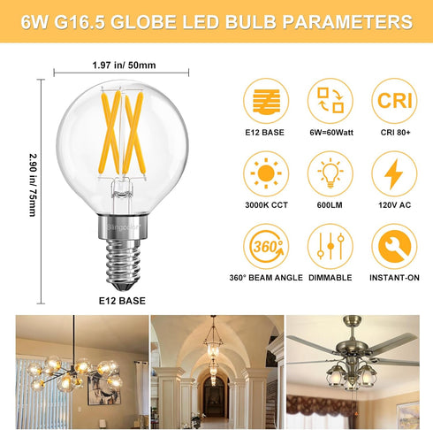 Dimmable E12 Bulbs 60 6 PACK G16.5 6W Bulbs, 3000K E12 Bulb 60W 600LM, CRI80+ LED Watt Equivalent, Small Globe LED