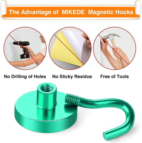 MIKEDE Magnetic Hooks, 40Lbs+ Heavy Duty Magnet Hooks for Cruise Cabins, Strong Neodymium Hanging Hooks (Green, 4 Pack)