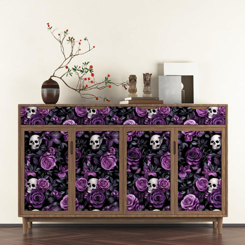 17.5" 393.7", Black Purple Wallpaper Peel and Stick, Dark Floral Skull Contact Paper x Vintage Rose Gothic Flowers Wall