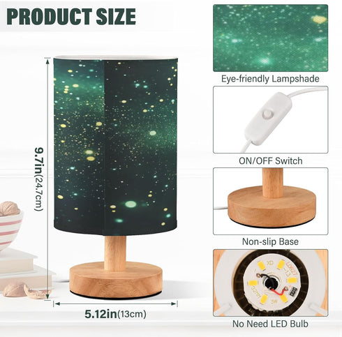 YANENDIE Green Starry Night Bedside Table Lamp, Nightstand Lamp with Linen Fabric Shade - Wooden LED Desk Lamps