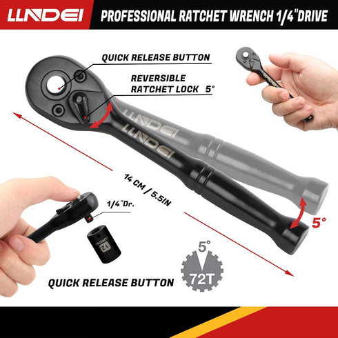 48 1/4 Inch Set, (4-14mm) 6-Point,with 72 Set, 3 Inch LLNDEI Piece Mini Socket Ratchet Wrench Metric Shallow Socket