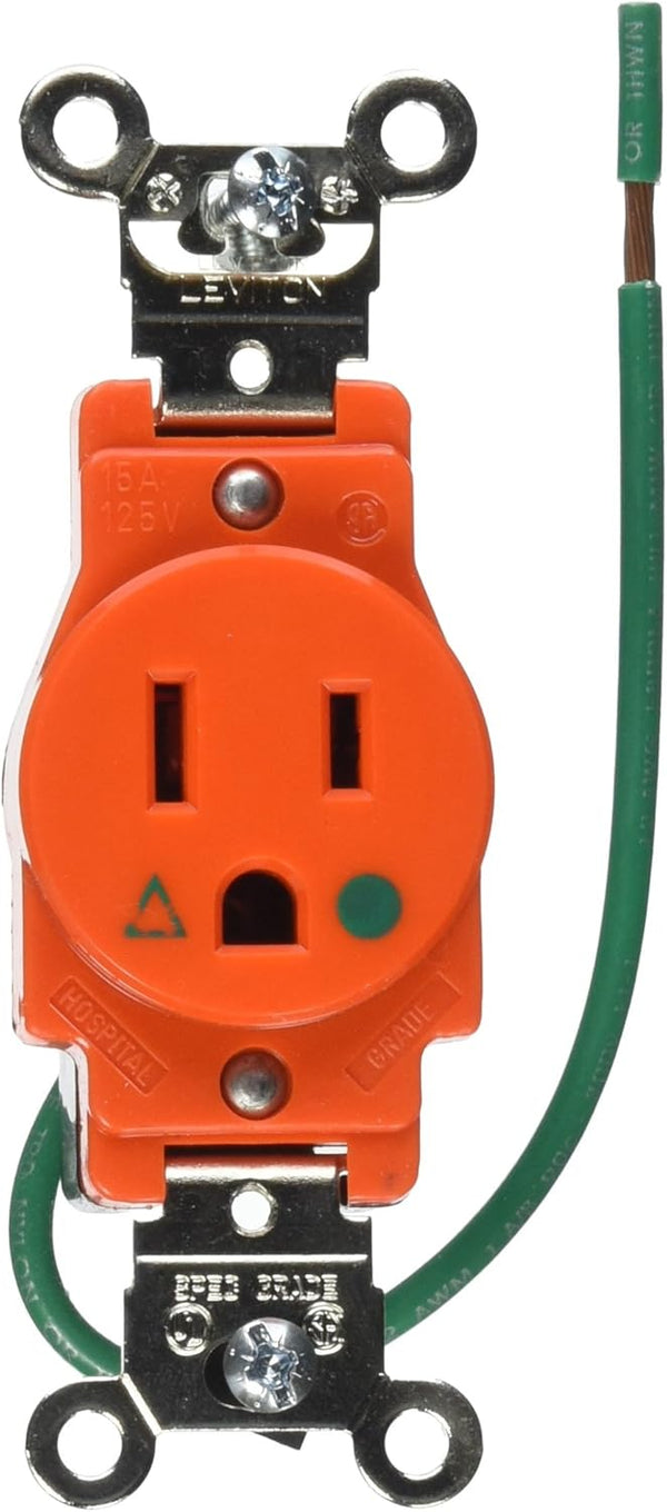 Leviton 8210-IG 15A 125V Narrow Body Single Receptacle, Hospital Grade, Isolated Ground, Straight Blade, Orange
