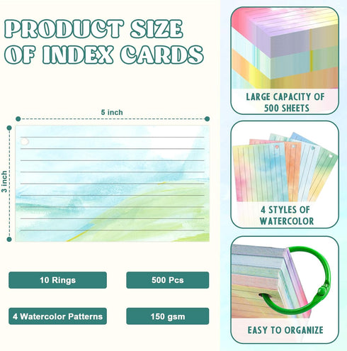 DOSTATNI 500 3x5 PCS Colored Index Cards with Hole Lined Flash Cards with Binder Rings Watercolor Notecards with Rings