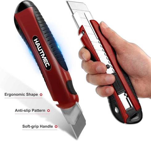 HAUTMEC 25mm Pro Heavy Duty Utility Knife with Extra 10PCS Rust Proof SK2H Blades, Autolock Slider for Industrial Use