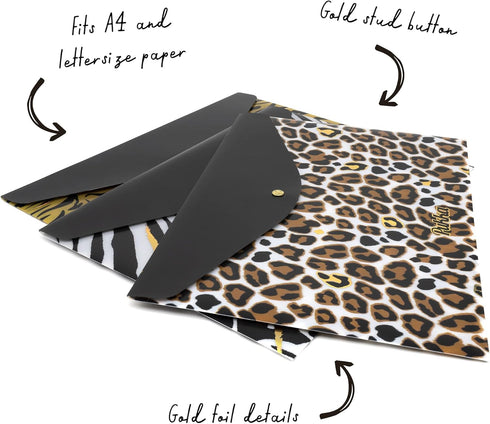Pukka Pad Wild A4 Stud Wallets, File Storage Folder, 23.5 x 32cm, Pack of 3, Assorted Animal Print Designs