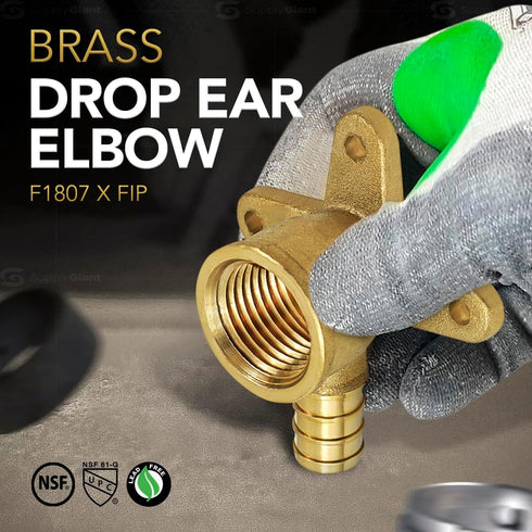 Supply Giant QYEM0012-5 PEX Barb X FIP 90 Degree Drop Ear Elbow Pipe Fitting - 1/2" X 1/2" Brass (Pack of 5)