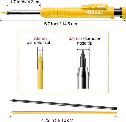 Hiboom 2 Pack Solid Carpenter Pencil with 14 Refill, Deep Hole Mechanical Pencil Marker with Sharpener