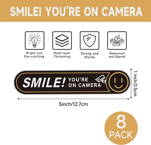 8PCS Window5" 1" Smile You're On Camera Sticker for Car, Self Adhesive Waterproof Durable Video Surveillance Sign