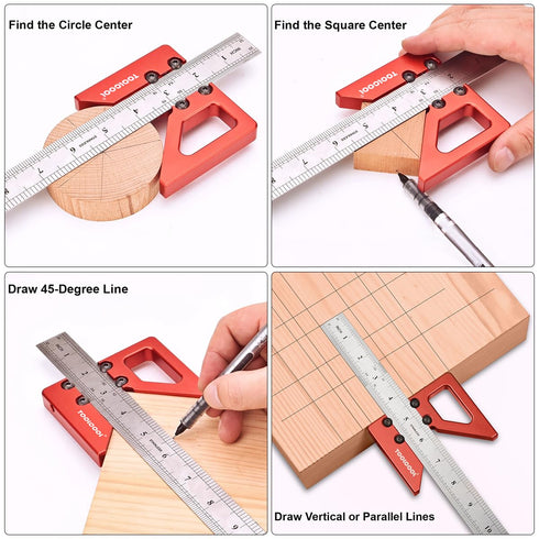TOOLCOOL Circle Center Finder Tool, Woodworking Centering Tool with 45 Degree Angle Maker and Draw Scribe Line Ruler