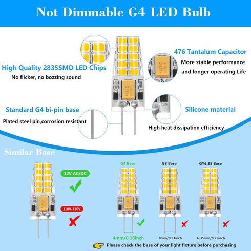 10 Pack G4 Bulb 12V 2.5W 30W T3 3000K G4 Bulbs 300 360Beam LED AC/DC Equivalent Bi-Pin Base Warm White Light Lumens
