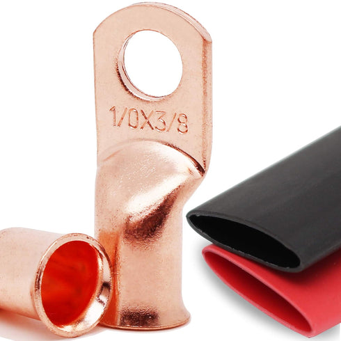 TKDMR 10pcs 1/0 AWG-3/8 Heavy Duty Battery Lugs, Ring Terminals, Battery Cable Ends with 10pcs 3:1 Heat Shrink Tubing