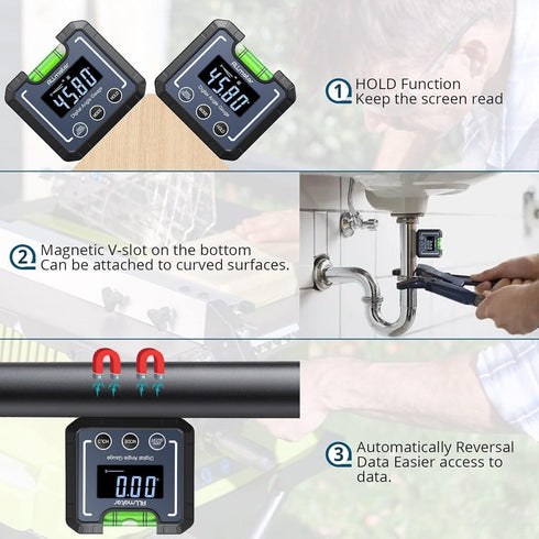 0-360 Digital Angle Finder Level, Magnetic Electronic Gauge Inclinometer Protractor Tool with Bubble Level and