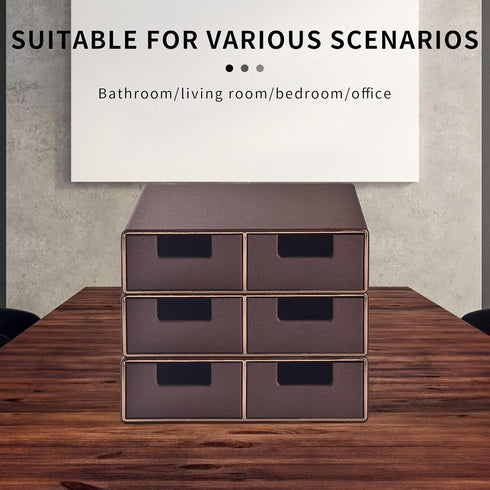 Linen Leather Desk Organizer with Drawers - Mini Stackable Desktop Storage Box for Office Supplies, Home Vanity (Brown)