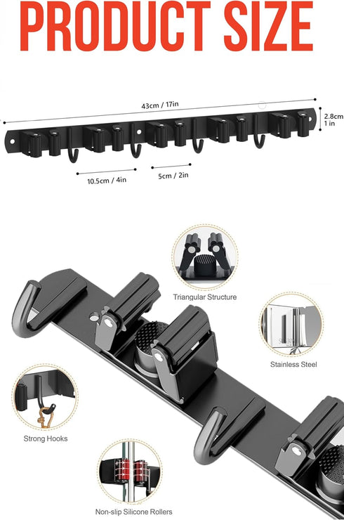 Upgraded Mop and Broom Holder Wall Mount, 5 Racks 4 Hooks, Stainless Steel Organizer for Closet, Garage, Kitchen