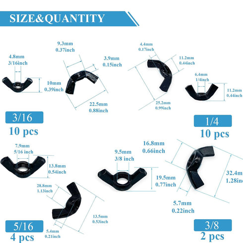 Yoliko 26 4 3/16",1/4",5/16",3/8" Pcs Sizes Wingnuts, Quality Carbon Steel Wing Nuts Black Zinc Plated Fasteners Parts