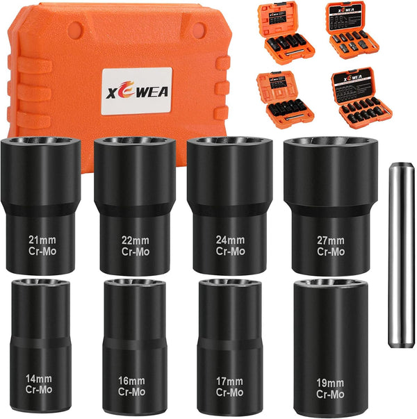 XEWEA 9PCS Lug Nut Extractor Set, 1/2" Drive Impact Bolt Nut Remover for Damaged Bolts