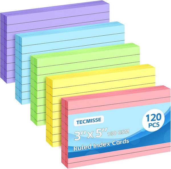 Tecmisse 3x5 Index Cards Colored, 120 PCS Ruled NoteC ards, Lined Flashcards,