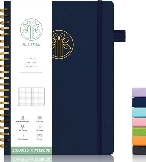 Large Graph Notebook Journal, A5 Medium, Spiral Bound Leather Hardcover Graph Notebook with Tabs and Pen.