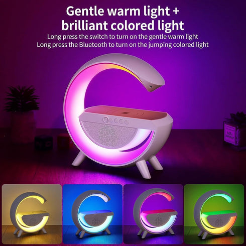 15W Table Lamp with Bluetooth Speaker, G Bedside Light with Wireless Charger, Atmosphere Lighting with Alarm Clock, RGB