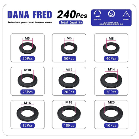 240pcs Nylon Large Flat Round Washer Spacer, 9 Sizes Black Flat Washers Assortment Kit for Screw Hardware Tool