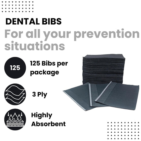 125 13"x18" 3 (125, Black Disposable Dental Bibs | Ply Waterproof Dental/Tattoo/Nail Bib for Patients | Dental Tray
