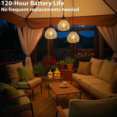 3 Pack Dimmable Outdoor Battery Operated Chandelier, Small Hanging Rattan Pendant Lights with Timer, Warm White